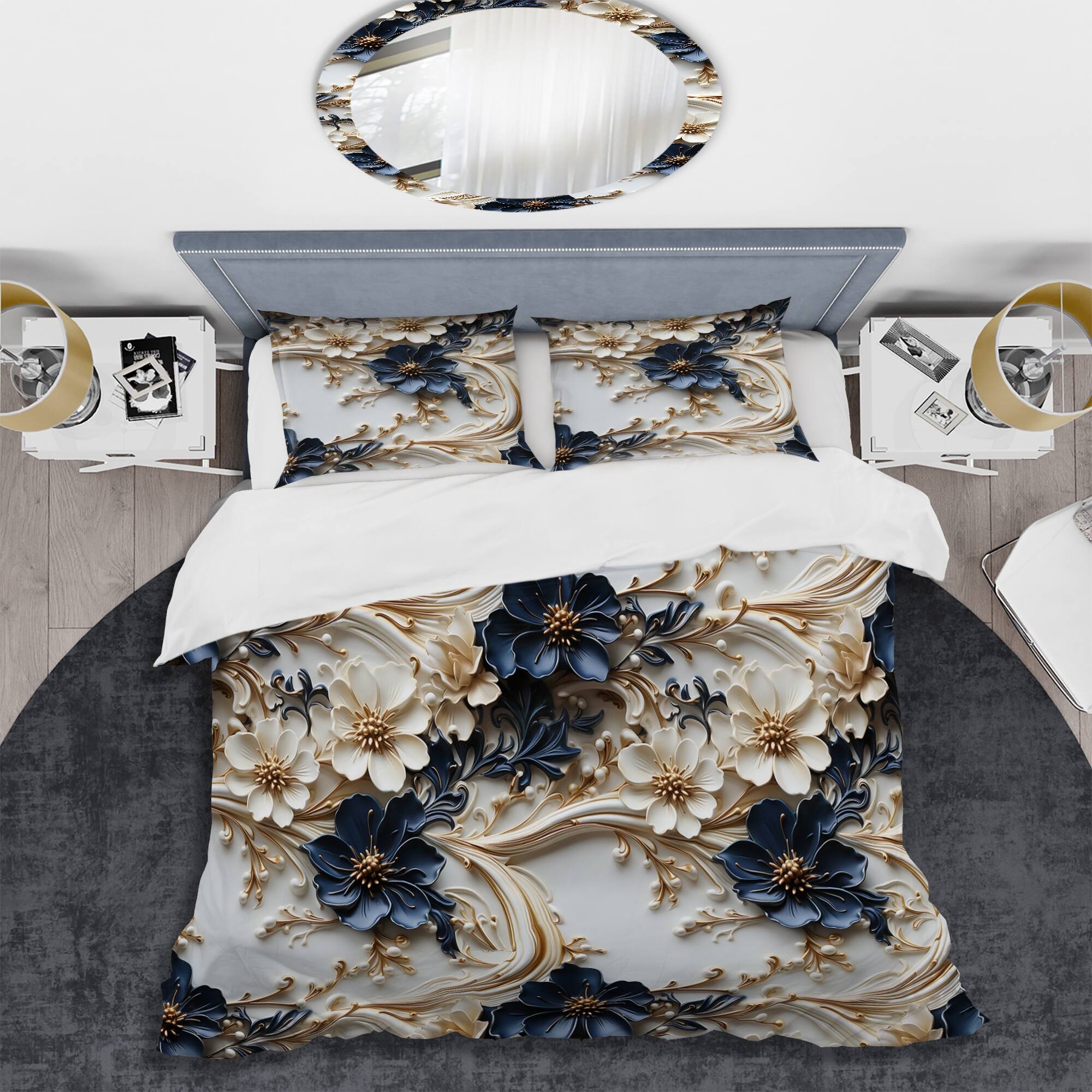 Designart "Victorian Opulence Marble Pattern III" Blue Glam Bedding Set